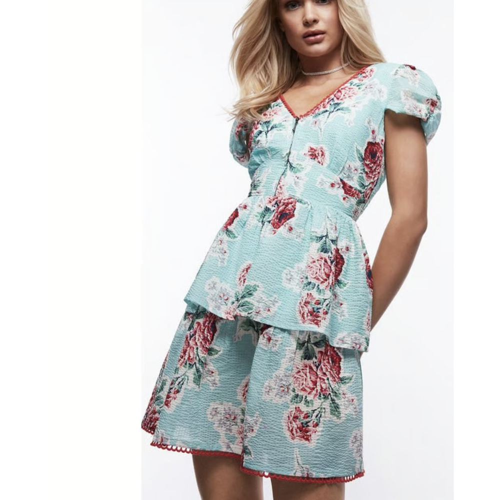 NWT Betsey Johnson Blue Ruffle Tiered Floral Textured Retro Mini Dress Size M
